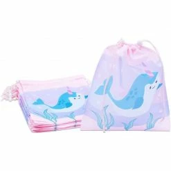 Blue Panda Special Occasions Drawstring Favor Bags For Kids Narwhal Birthday Party (10 X 12 In, 12 Pack)