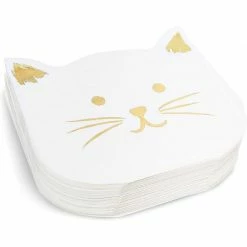 Blue Panda White Paper Napkins With Gold Foil For Cat Party Supplies (6.5 X 6.5 In, 50-Pack)