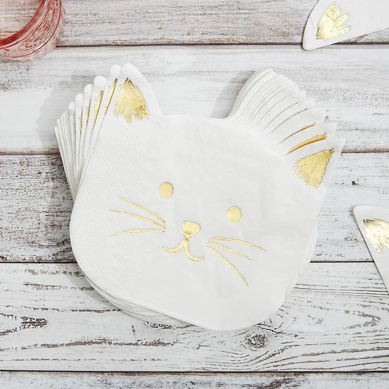 Blue Panda White Paper Napkins With Gold Foil For Cat Party Supplies (6.5 X 6.5 In, 50-Pack) 4 Blue Panda White Paper Napkins With Gold Foil For Cat Party Supplies (6.5 X 6.5 In, 50-Pack)