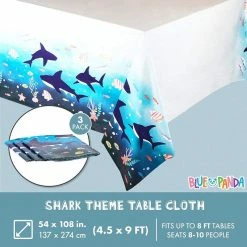 Blue Panda Shark Birthday Party Supplies, Plastic Tablecloth (54 X 108 In, 3 Pack)