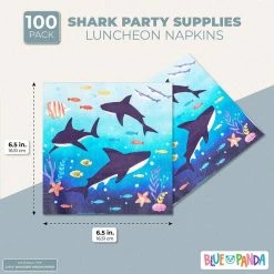 Blue Panda Shark Paper Napkins For Birthday Party Supplies (6.5 X 6.5 Inches, 100 Pack)