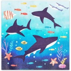 Blue Panda Shark Paper Napkins For Birthday Party Supplies (6.5 X 6.5 Inches, 100 Pack)