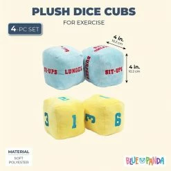 Blue Panda Plush Exercise Dice Cubes For Indoor, Outdoor Games (Blue, Yellow, 4 In, 4 Pack)