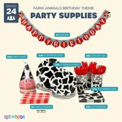 Blue Panda Dinnerware Sets Farm Animals Birthday Party Pack, Hats, Banner, Tablecloths (Serves 24, 195 Pieces)