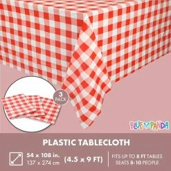 Blue Panda Tablecloths Country Red And White Checkered Tablecloth, Rustic Plastic Table Cover (54 X 108 In, 3 Pack)