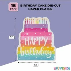 Blue Panda Happy Birthday Cake Die-Cut Paper Serving Plates (13 X 15 In, 15 Pack)