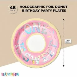 Blue Panda Holographic Paper Plates For Donut Birthday Party (9 In, 48 Pack)