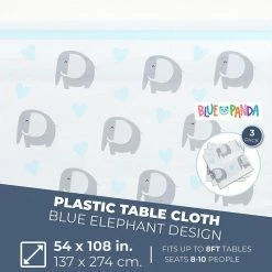 Blue Panda Special Occasions Elephant Tablecloth For Boy Baby Shower, Plastic Table Cover (54 X 108 In, 3 Pack)