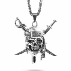 Blue Panda Pirate Skull And Crossed Swords Necklace (15 Inches, Silver)