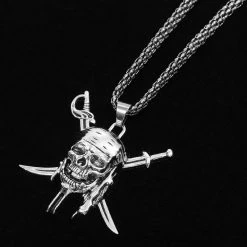 Blue Panda Pirate Skull And Crossed Swords Necklace (15 Inches, Silver)