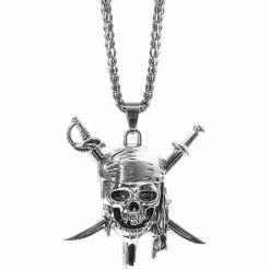 Blue Panda Pirate Skull And Crossed Swords Necklace (15 Inches, Silver)