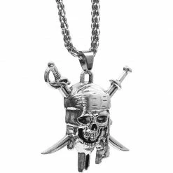 Blue Panda Pirate Skull And Crossed Swords Necklace (15 Inches, Silver)