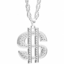 Blue Panda Dollar Sign Pendant Necklace For Halloween, Costumes (28 In, Silver)