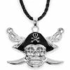 Blue Panda Pirate Skull And Crossed Swords Necklace With Cord (19 In, Silver)