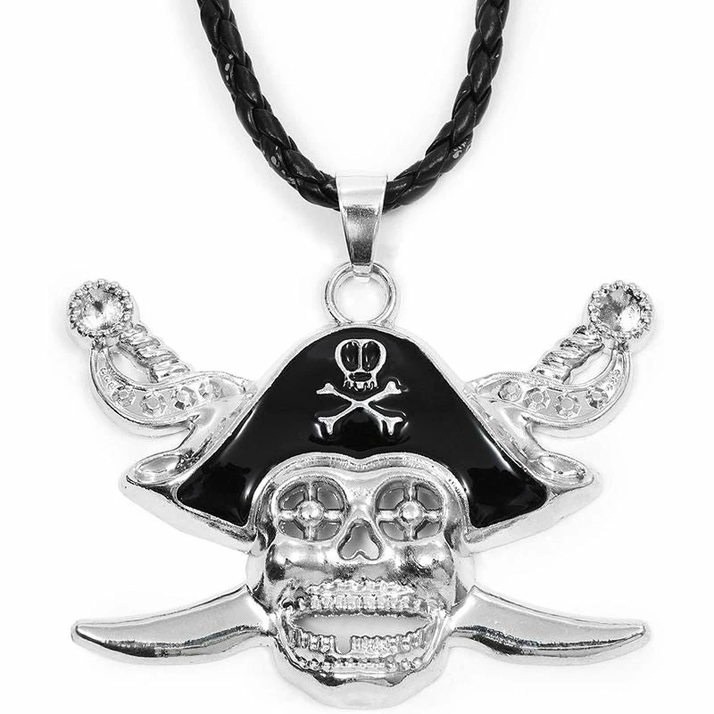 Blue Panda Pirate Skull And Crossed Swords Necklace With Cord (19 In, Silver) 3 Blue Panda Pirate Skull And Crossed Swords Necklace With Cord (19 In, Silver)