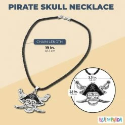 Blue Panda Pirate Skull And Crossed Swords Necklace With Cord (19 In, Silver)
