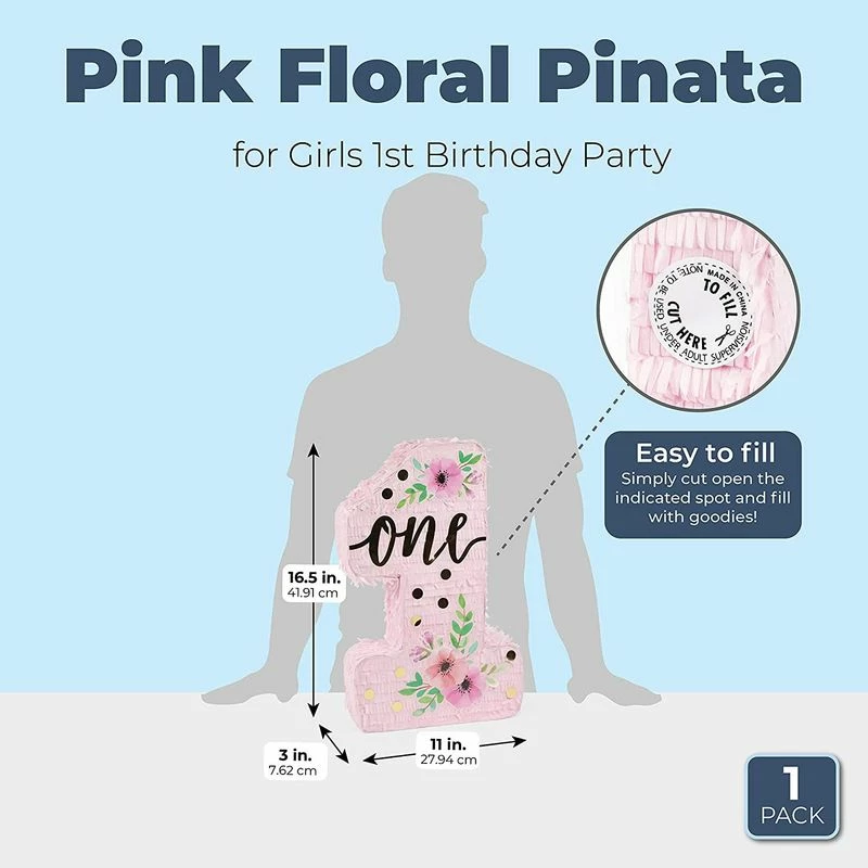 Blue Panda Pink Floral Pinata For Girls 1st Birthday Party, Number 1 (11 X 16.5 X 3 In) Decorations 4 Blue Panda Pink Floral Pinata For Girls 1st Birthday Party, Number 1 (11 X 16.5 X 3 In) Decorations