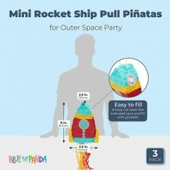 Blue Panda Special Occasions Mini Rocket Ship Pull Piñatas For Outer Space Party (8 X 5.9 X 2.5 In, 3 Pack)