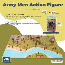 Blue Panda Army Men Action Figures With Map, Includes Carrying Tote For Easy Clean Up & Storage (210 Pieces)