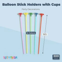 Blue Panda Balloon Stick Holders With Cups, Party Decorations, 5 Colors (300 Pack) Balloons