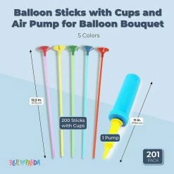 Blue Panda Balloons Balloon Sticks With Cups And Air Pump For Balloon Bouquet, 5 Colors (201 Pieces)