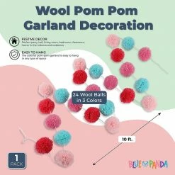 Blue Panda Wool Pom Pom Garland Decor For Birthday Party (Pink, Mint, Red, 10 Feet) Decorations