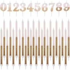 Blue Panda Numbers 0-9 Cake Toppers And Thin Candles In Holders (Gold Glitter, 34 Pieces)