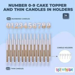 Blue Panda Numbers 0-9 Cake Toppers And Thin Candles In Holders (Gold Glitter, 34 Pieces)