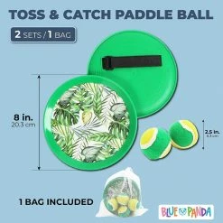 Blue Panda Games Toss And Catch Paddle Ball Set With Tropical Leaves (2 Sets, 1 Bag)