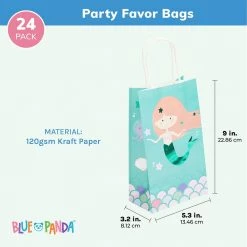 Blue Panda Mermaid Party Favor Gift Bags With Handles, Kids Birthday Decorations (24 Pack) Party Bags And Boxes